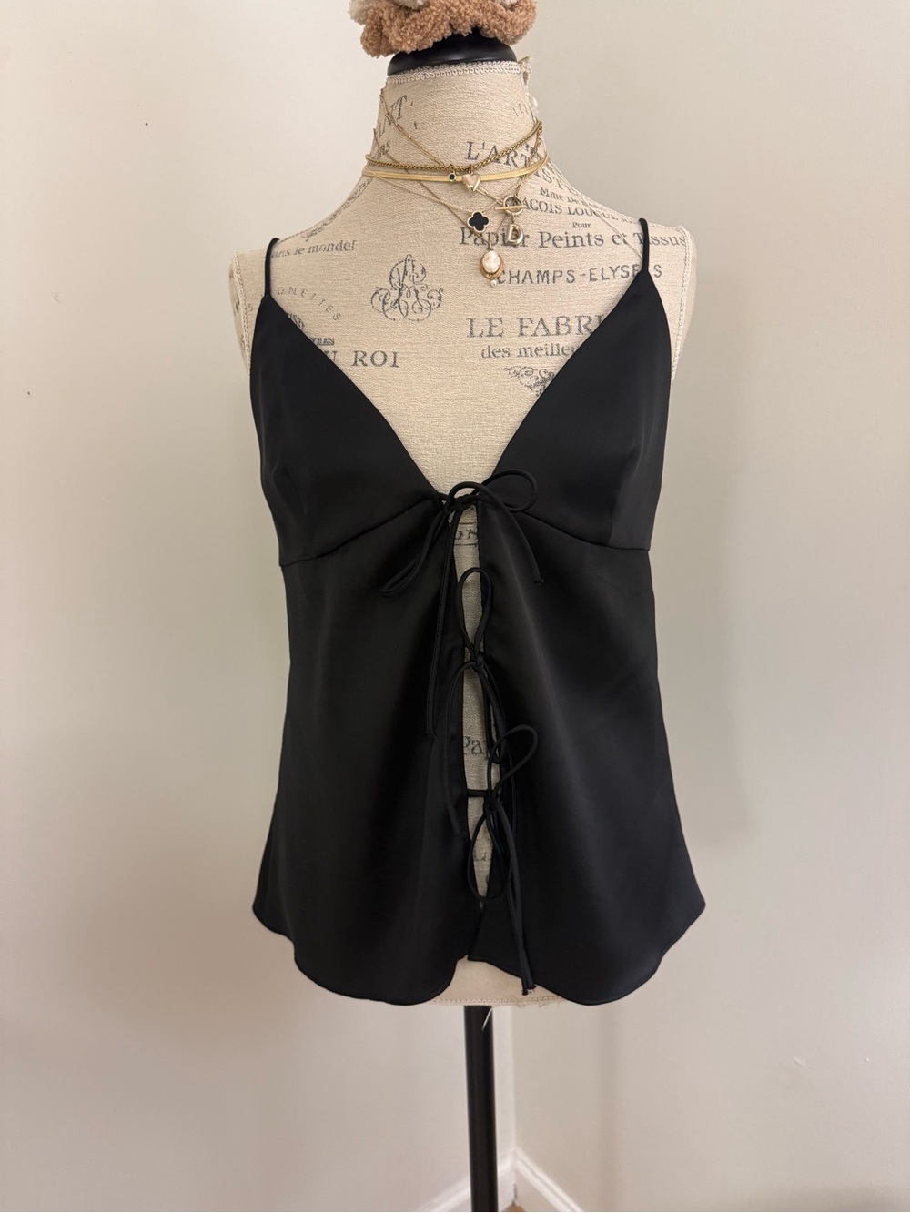 Satin Tie-Front Cami Top - Black